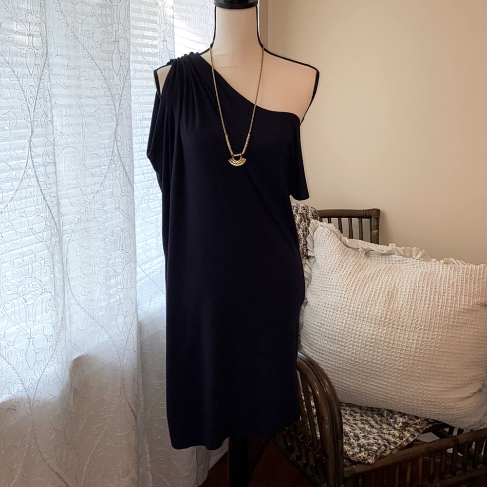 VENUS navy blue off-the shoulder casual stretch dress